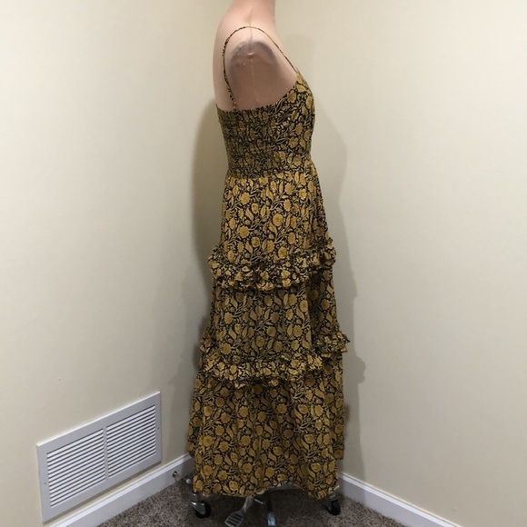 NICHOLAS Adele Maxi Dress Size 4 Black Mustard Yellow Floral Print Tiered Ruffle - Picture 4 of 11